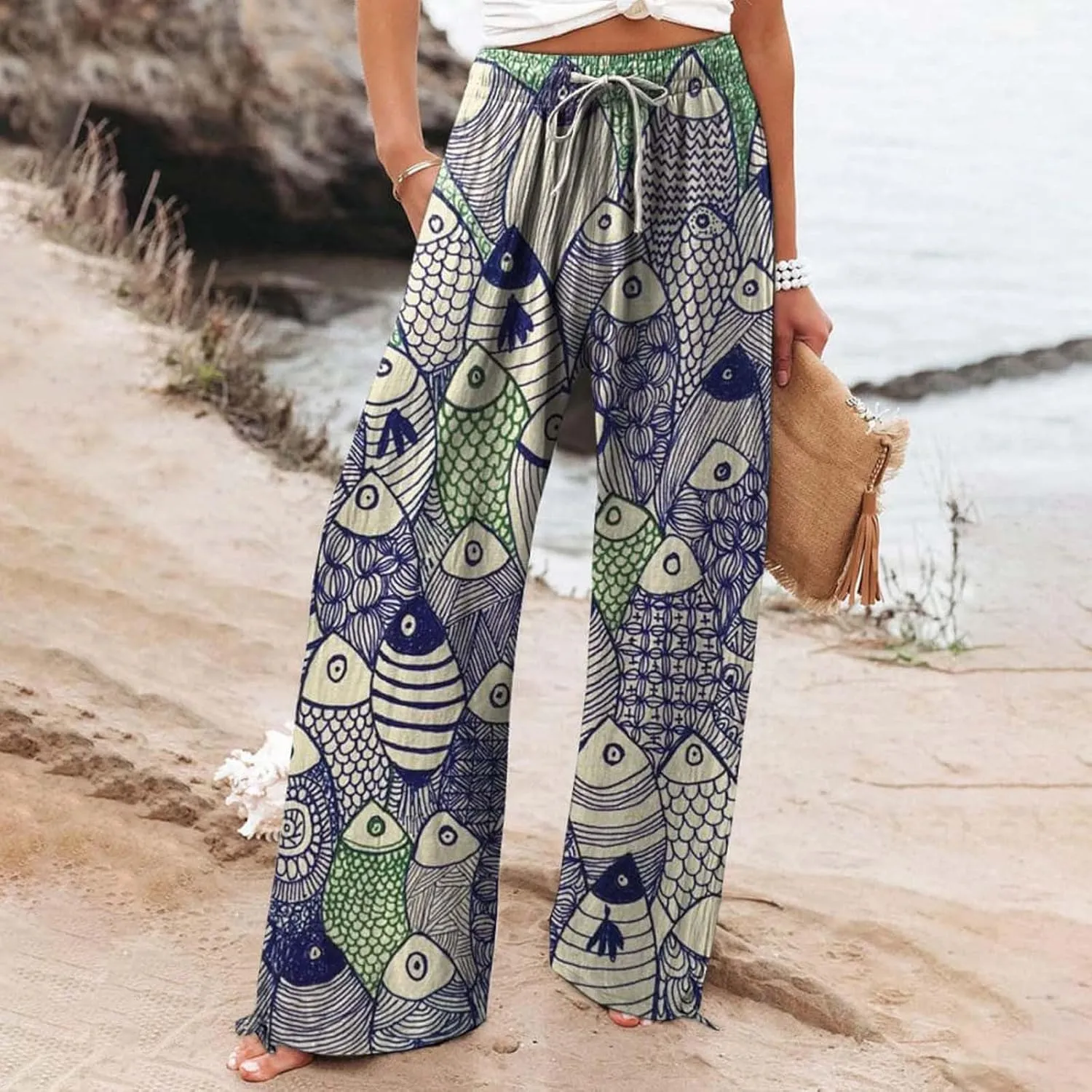 Women High Waisted Cotton Linen Palazzo Pants Dog Fish Graphic Wide Leg Long Japanese Pants Trousers with Pockets
