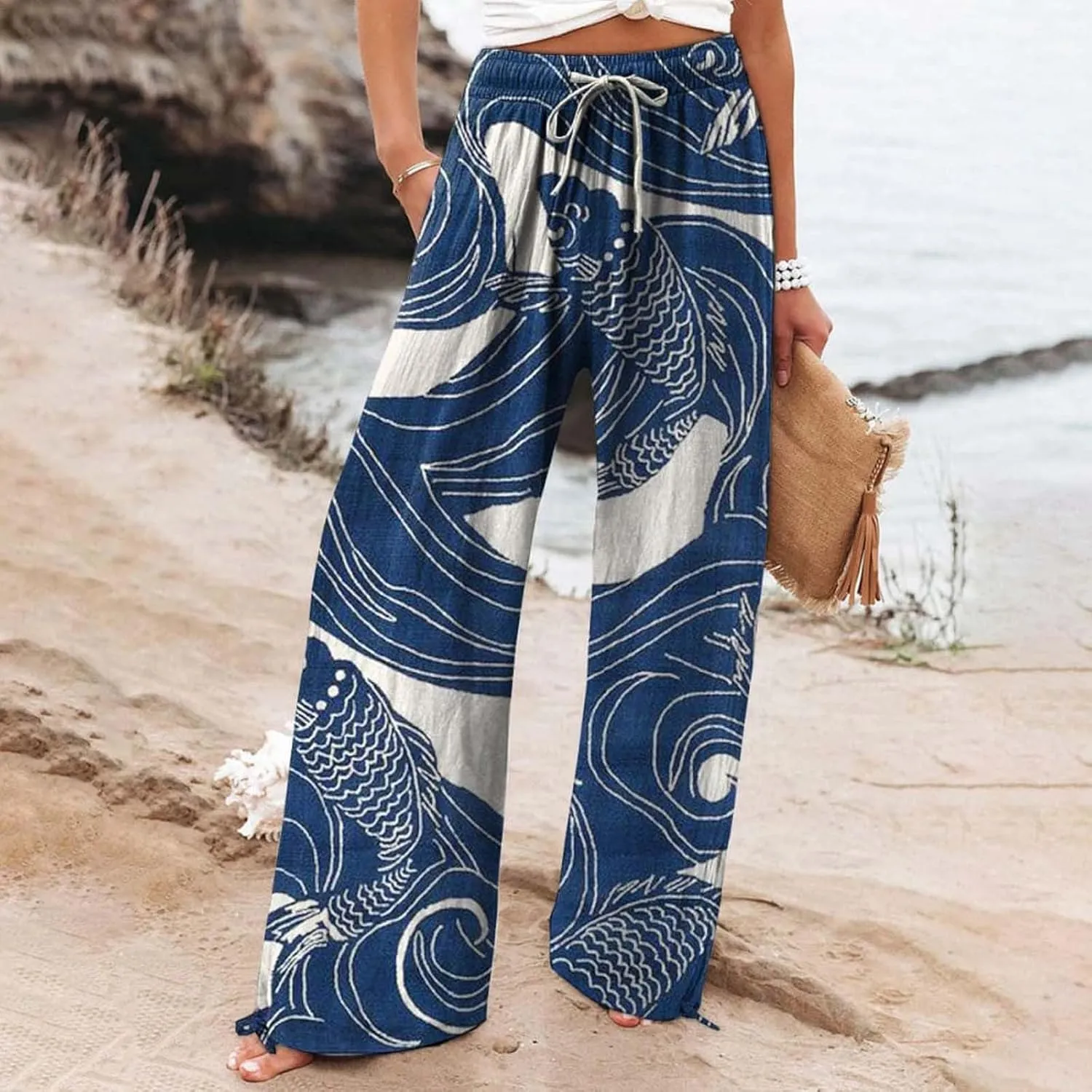 Women High Waisted Cotton Linen Palazzo Pants Dog Fish Graphic Wide Leg Long Japanese Pants Trousers with Pockets
