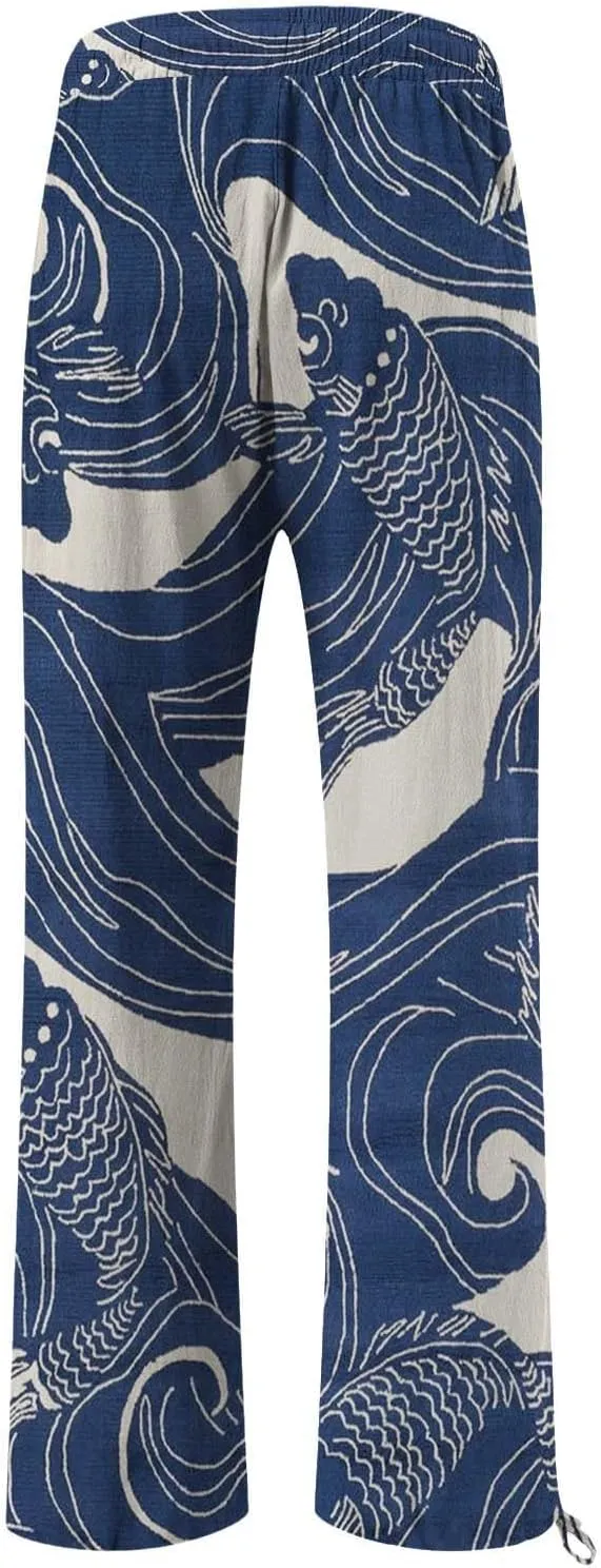 Women High Waisted Cotton Linen Palazzo Pants Dog Fish Graphic Wide Leg Long Japanese Pants Trousers with Pockets