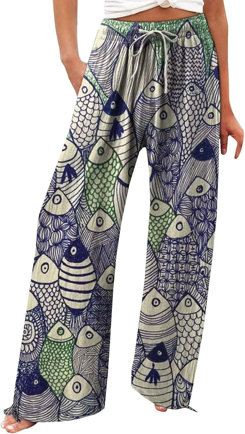 Women High Waisted Cotton Linen Palazzo Pants Dog Fish Graphic Wide Leg Long Japanese Pants Trousers with Pockets