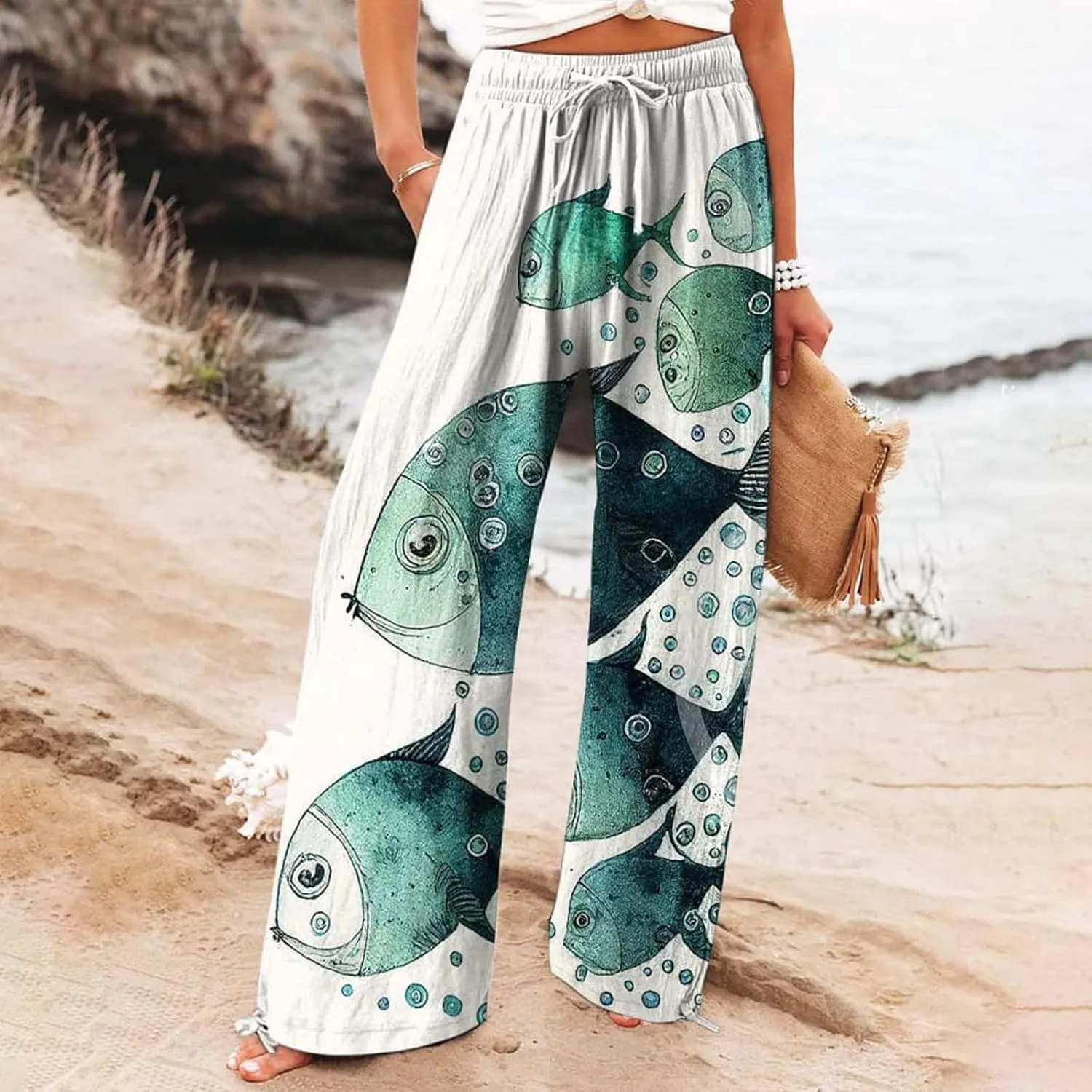 Women High Waisted Cotton Linen Palazzo Pants Dog Fish Graphic Wide Leg Long Lounge Pant Trousers with Pocket