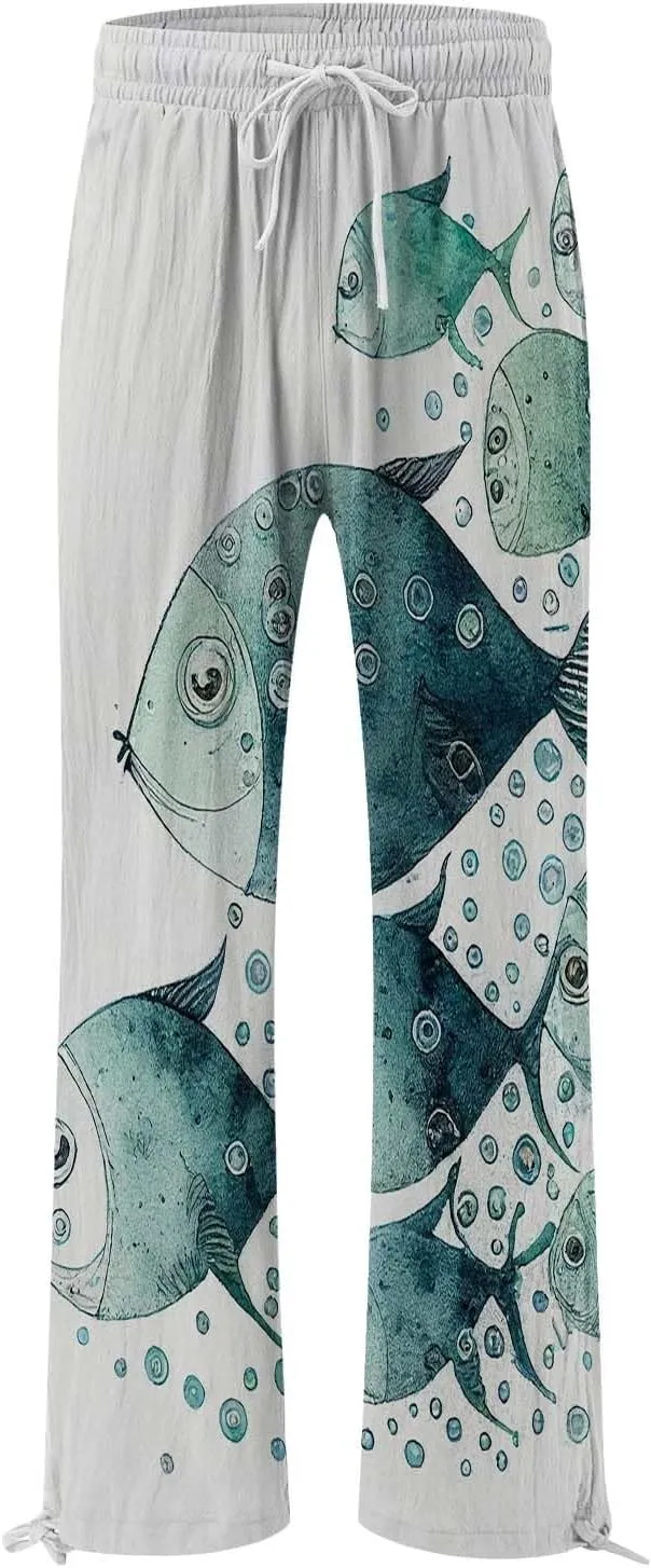 Women High Waisted Cotton Linen Palazzo Pants Dog Fish Graphic Wide Leg Long Lounge Pant Trousers with Pocket
