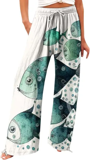 Women High Waisted Cotton Linen Palazzo Pants Dog Fish Graphic Wide Leg Long Lounge Pant Trousers with Pocket