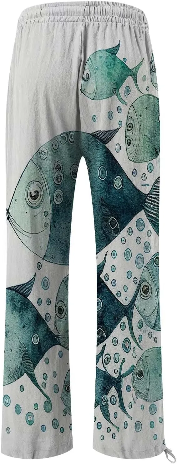 Women High Waisted Cotton Linen Palazzo Pants Dog Fish Graphic Wide Leg Long Lounge Pant Trousers with Pocket