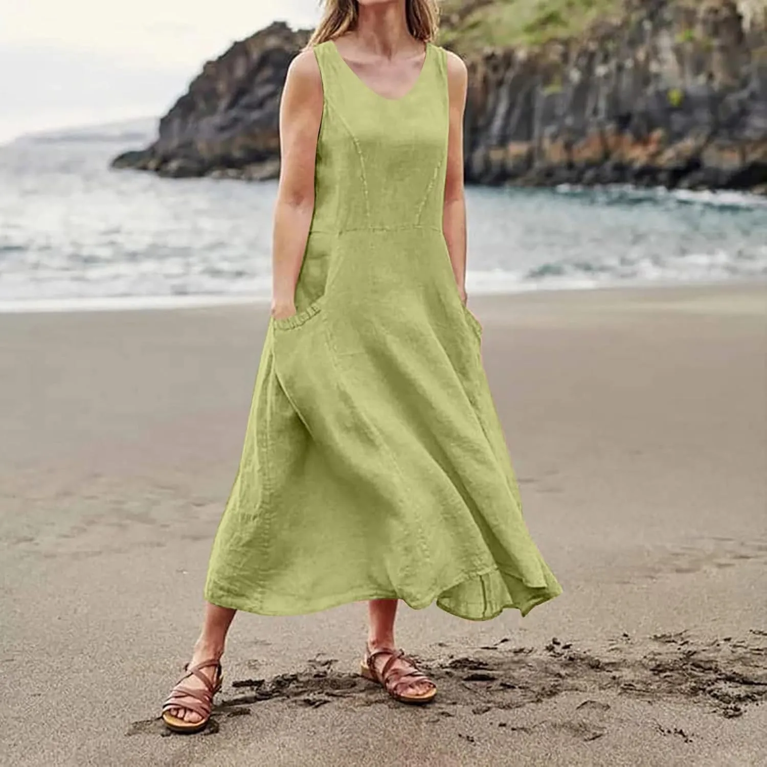 Women Linen Dresses 2025 Summer Cotton Linen Beach Long Dress Sleeveless Elegant Plus Size Maxi Sundress with Pocket