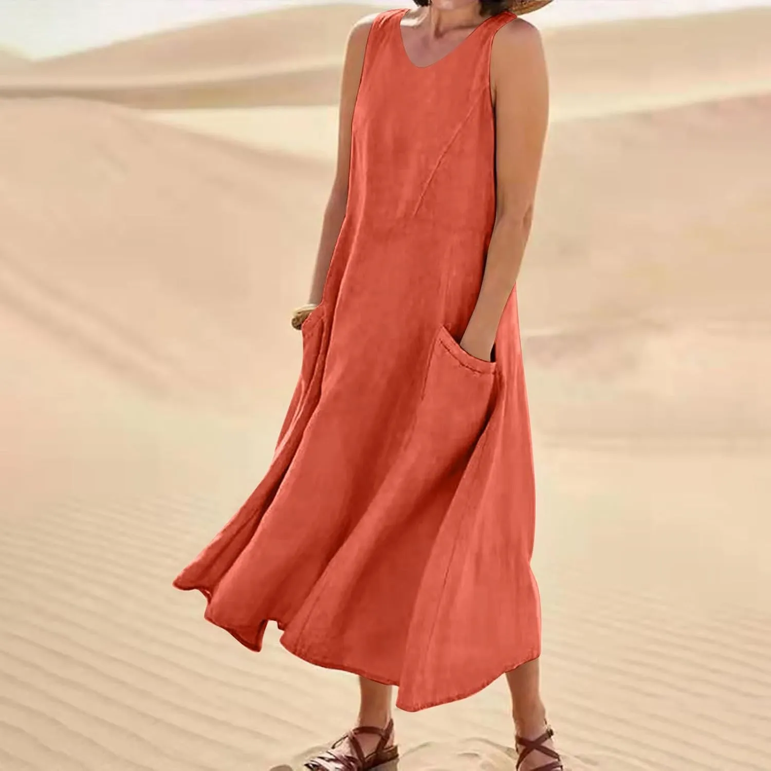 Women Linen Dresses 2025 Summer Cotton Linen Beach Long Dress Sleeveless Elegant Plus Size Maxi Sundress with Pocket