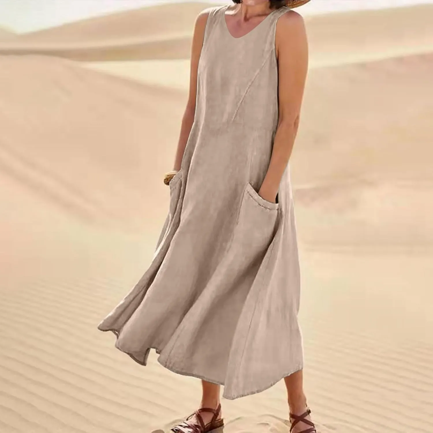 Women Linen Dresses 2025 Summer Cotton Linen Beach Long Dress Sleeveless Elegant Plus Size Maxi Sundress with Pocket