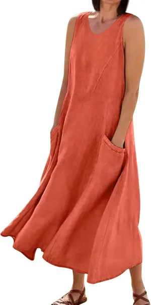 Women Linen Dresses 2025 Summer Cotton Linen Beach Long Dress Sleeveless Elegant Plus Size Maxi Sundress with Pocket