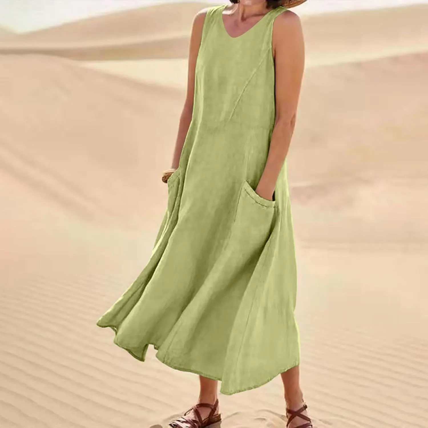 Women Linen Dresses 2025 Summer Cotton Linen Beach Long Dress Sleeveless Elegant Plus Size Maxi Sundress with Pocket