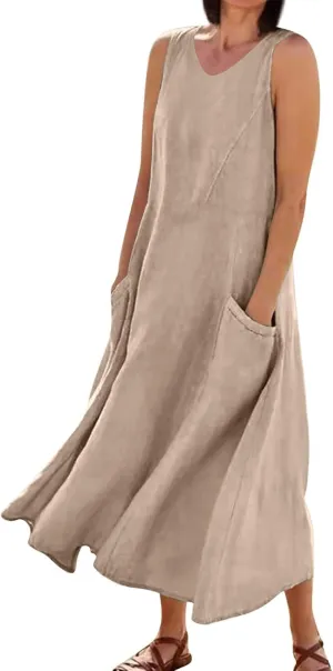 Women Linen Dresses 2025 Summer Cotton Linen Beach Long Dress Sleeveless Elegant Plus Size Maxi Sundress with Pocket