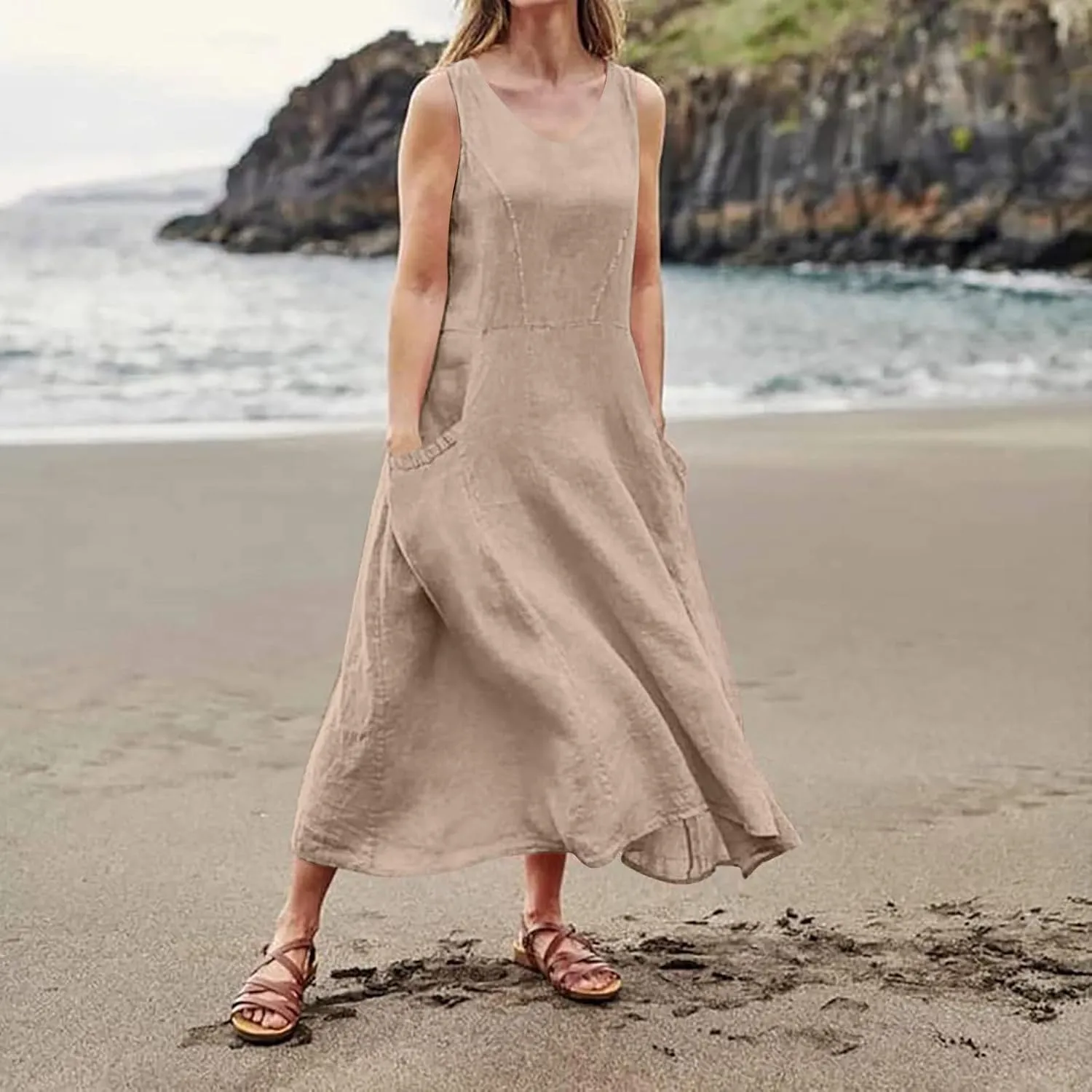 Women Linen Dresses 2025 Summer Cotton Linen Beach Long Dress Sleeveless Elegant Plus Size Maxi Sundress with Pocket