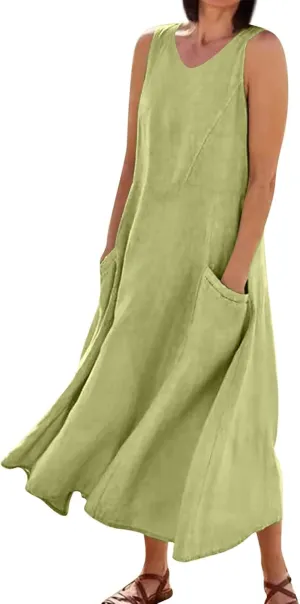 Women Linen Dresses 2025 Summer Cotton Linen Beach Long Dress Sleeveless Elegant Plus Size Maxi Sundress with Pocket