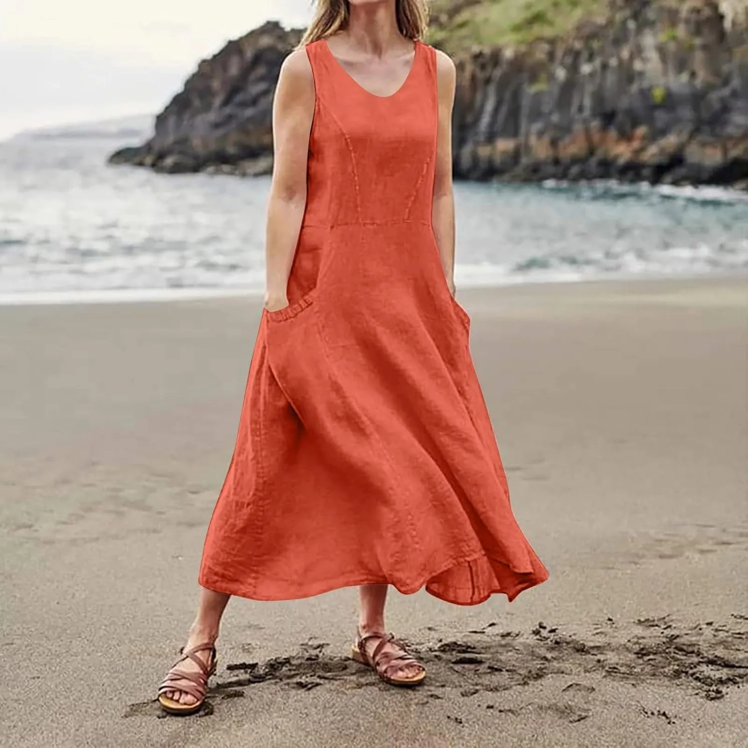 Women Linen Dresses 2025 Summer Cotton Linen Beach Long Dress Sleeveless Elegant Plus Size Maxi Sundress with Pocket