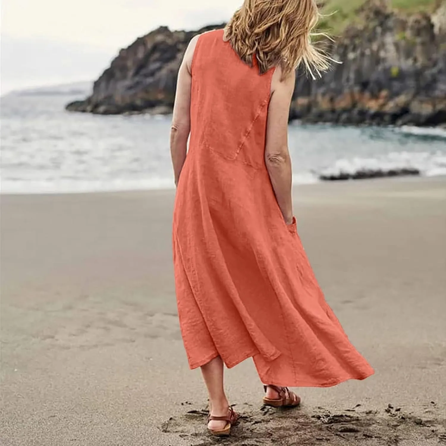 Women Linen Dresses 2025 Summer Cotton Linen Beach Long Dress Sleeveless Elegant Plus Size Maxi Sundress with Pocket