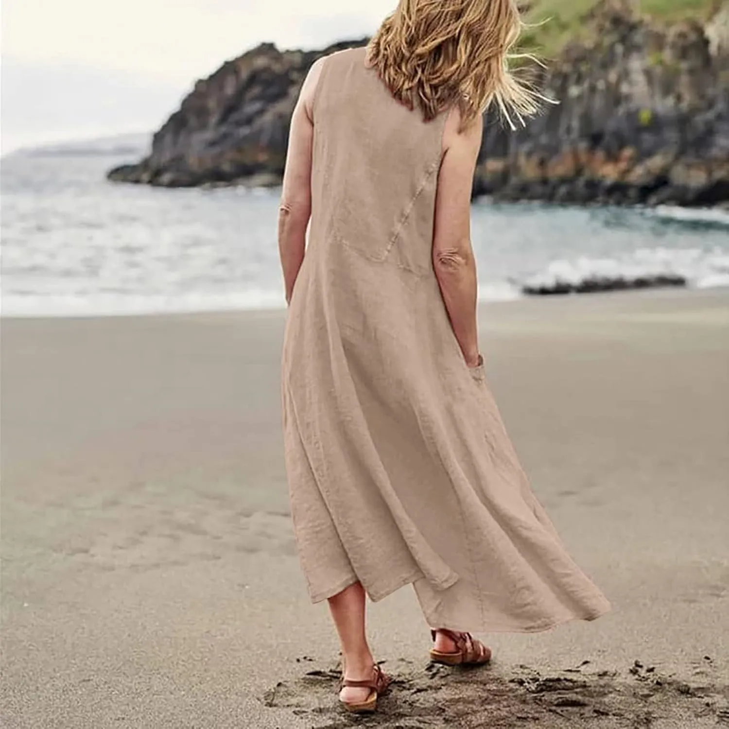 Women Linen Dresses 2025 Summer Cotton Linen Beach Long Dress Sleeveless Elegant Plus Size Maxi Sundress with Pocket