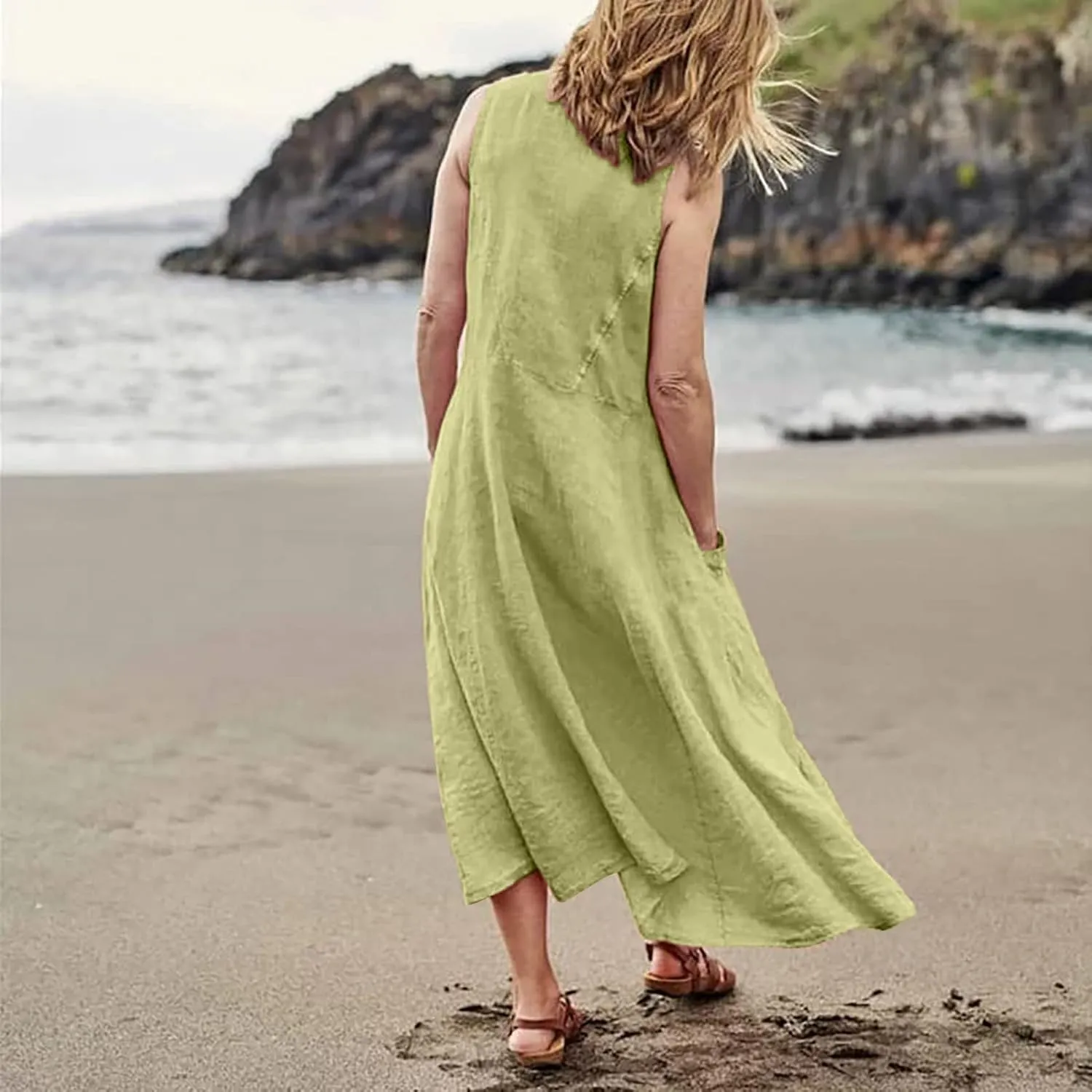 Women Linen Dresses 2025 Summer Cotton Linen Beach Long Dress Sleeveless Elegant Plus Size Maxi Sundress with Pocket