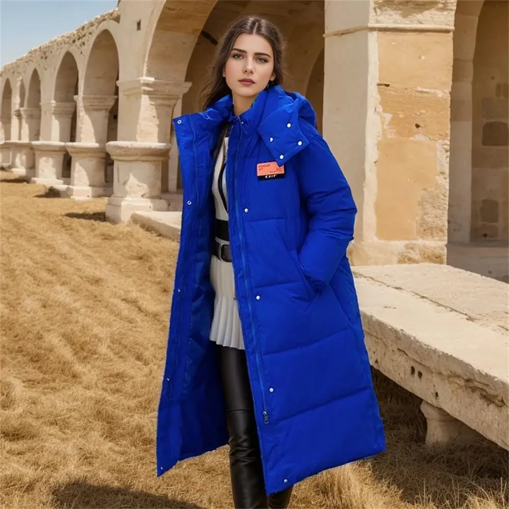 Women Long Hooded Parkas Coat Thick Casual Warm Zippers Pockets Cotton Padded Jackets