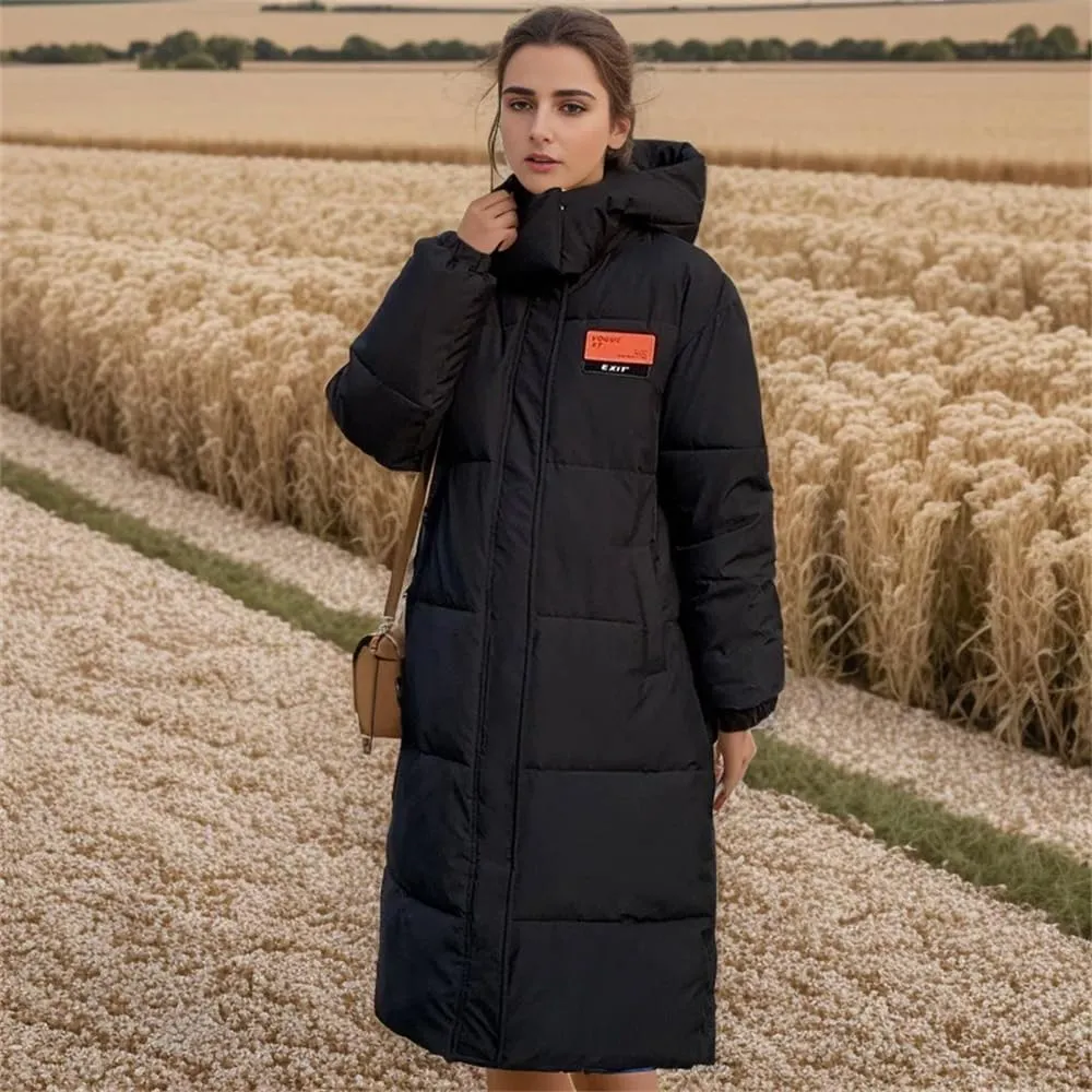 Women Long Hooded Parkas Coat Thick Casual Warm Zippers Pockets Cotton Padded Jackets