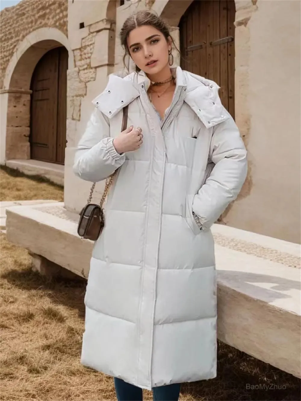 Women Long Hooded Parkas Coat Thick Casual Warm Zippers Pockets Cotton Padded Jackets