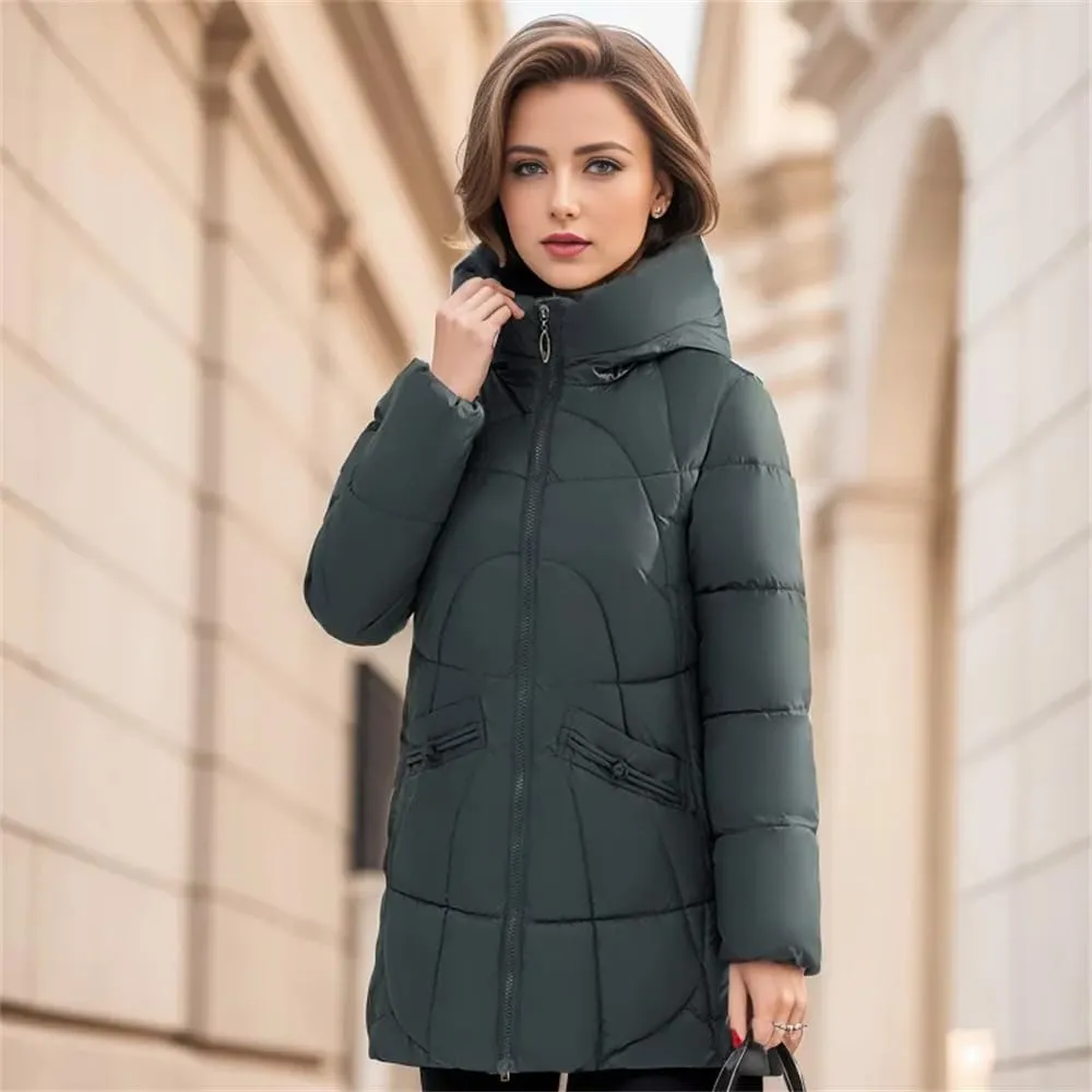 Women Long Hooded Parkas Coat Thick Casual Warm Zippers Pockets Cotton Padded Jackets
