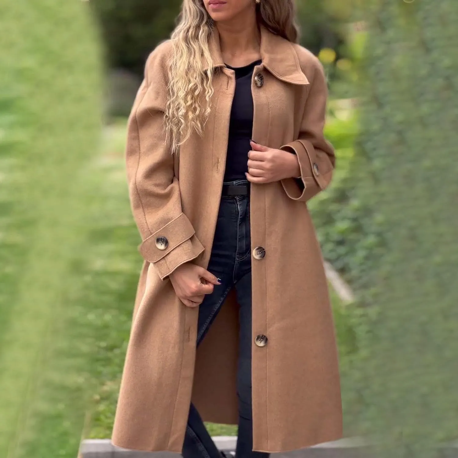 Women Long Peacoat Winter Fashion Button Up Trench Coats Casual Wool Blend Jacket Knee Length Overcoat 2024 New