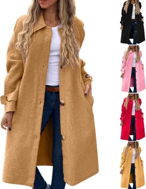 Women Long Peacoat Winter Fashion Button Up Trench Coats Casual Wool Blend Jacket Knee Length Overcoat 2024 New