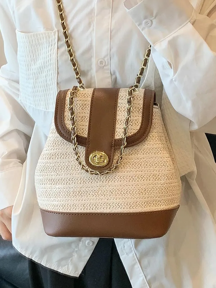 Women PU Straw Chain Small Straw Woven Backpack Daypack Cross-body Shoulder Bag Satchel Purse 2025