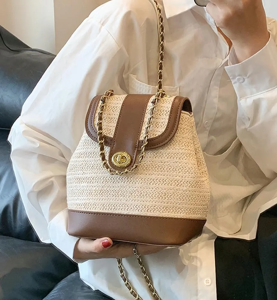 Women PU Straw Chain Small Straw Woven Backpack Daypack Cross-body Shoulder Bag Satchel Purse 2025