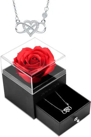 Women Rose and S925 Sterling Silver Love Infinity Heart Necklace Gift Set, Valentines Day Gifts For Her, Wife, Girlfriend, Mom, Birthday, Mothers Day, Christmas, Anniversary, Thanksgiving