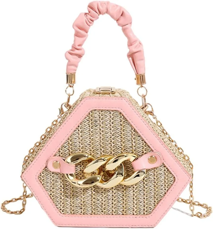 Women Straw Purse Clutch Shoulder Bag Woven Diamond Bag Hobo Crossbody Bag Chic Tote Bag Small Beach Handbag with Chain Strap