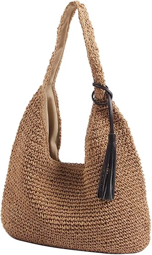 Women Straw Shoulder Bag Handmade Woven Handbag Summer Beach Tote Straw Leather Handle Large Bucket Bag