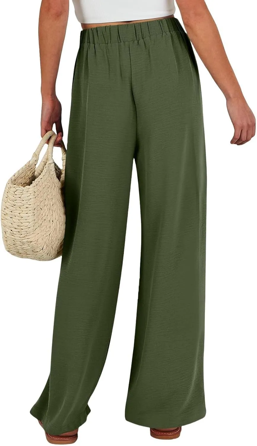 Women Wide Leg Linen Pants 2025 Tie Knot Summer High Waisted Palazzo Pants Flowy Beach Travel Trousers with Pockets