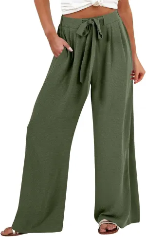Women Wide Leg Linen Pants 2025 Tie Knot Summer High Waisted Palazzo Pants Flowy Beach Travel Trousers with Pockets