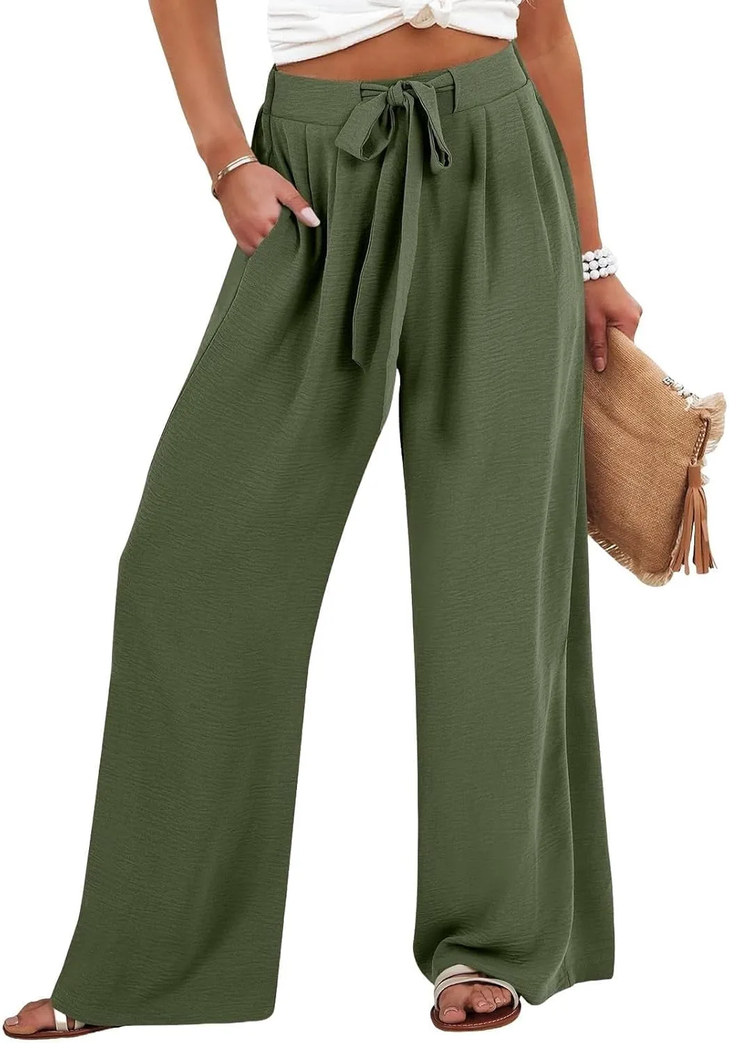 Women Wide Leg Linen Pants 2025 Tie Knot Summer High Waisted Palazzo Pants Flowy Beach Travel Trousers with Pockets