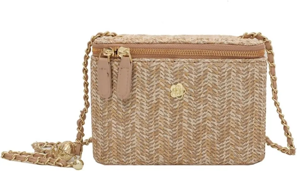 Women Woven Crossbody Bag with Chain Weaving Beach Handbag Straw Bucket Satchel Bag Ladies Summer Daily Bag
