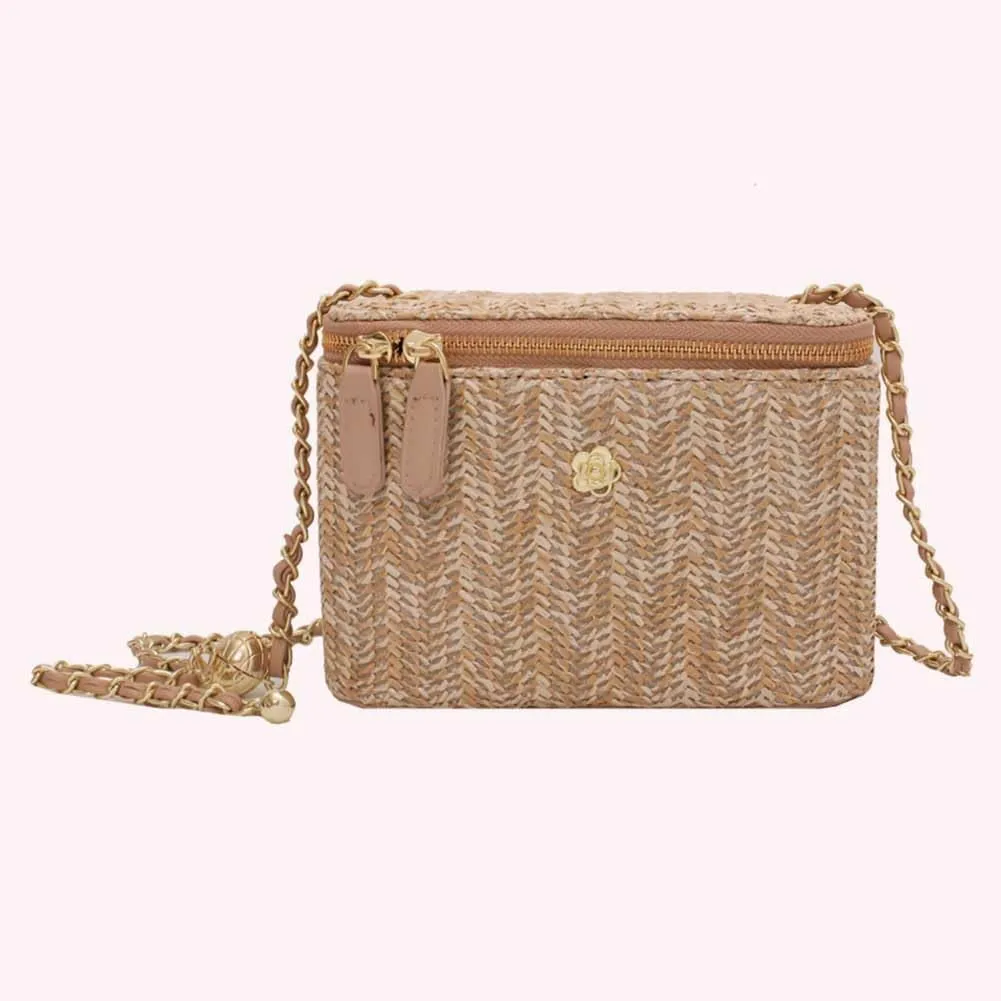 Women Woven Crossbody Bag with Chain Weaving Beach Handbag Straw Bucket Satchel Bag Ladies Summer Daily Bag