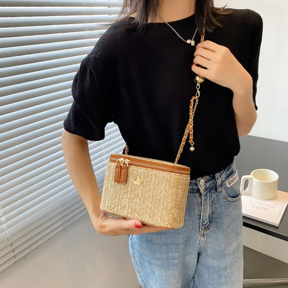 Women Woven Crossbody Bag with Chain Weaving Beach Handbag Straw Bucket Satchel Bag Ladies Summer Daily Bag