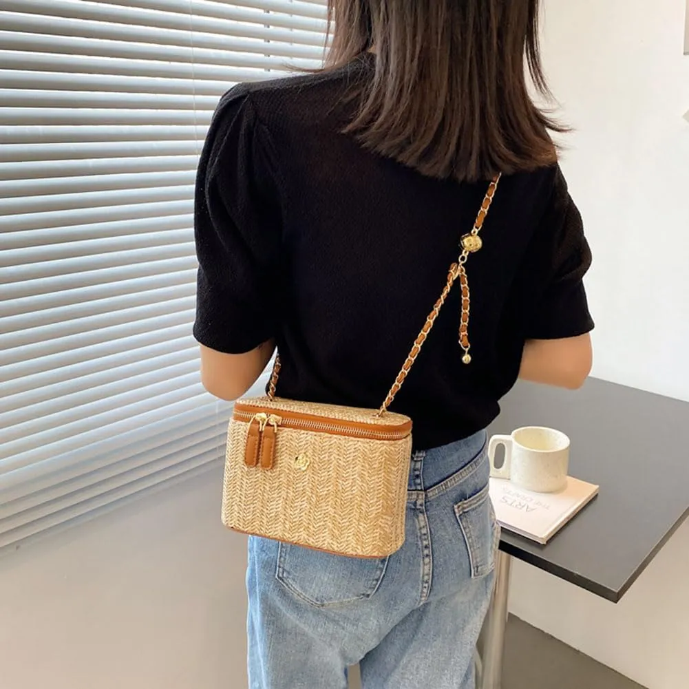 Women Woven Crossbody Bag with Chain Weaving Beach Handbag Straw Bucket Satchel Bag Ladies Summer Daily Bag