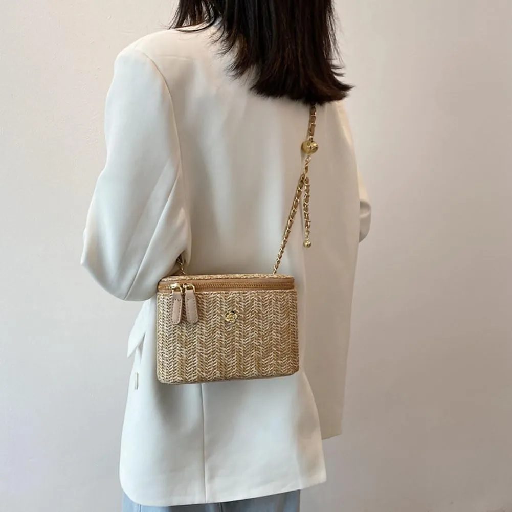 Women Woven Crossbody Bag with Chain Weaving Beach Handbag Straw Bucket Satchel Bag Ladies Summer Daily Bag