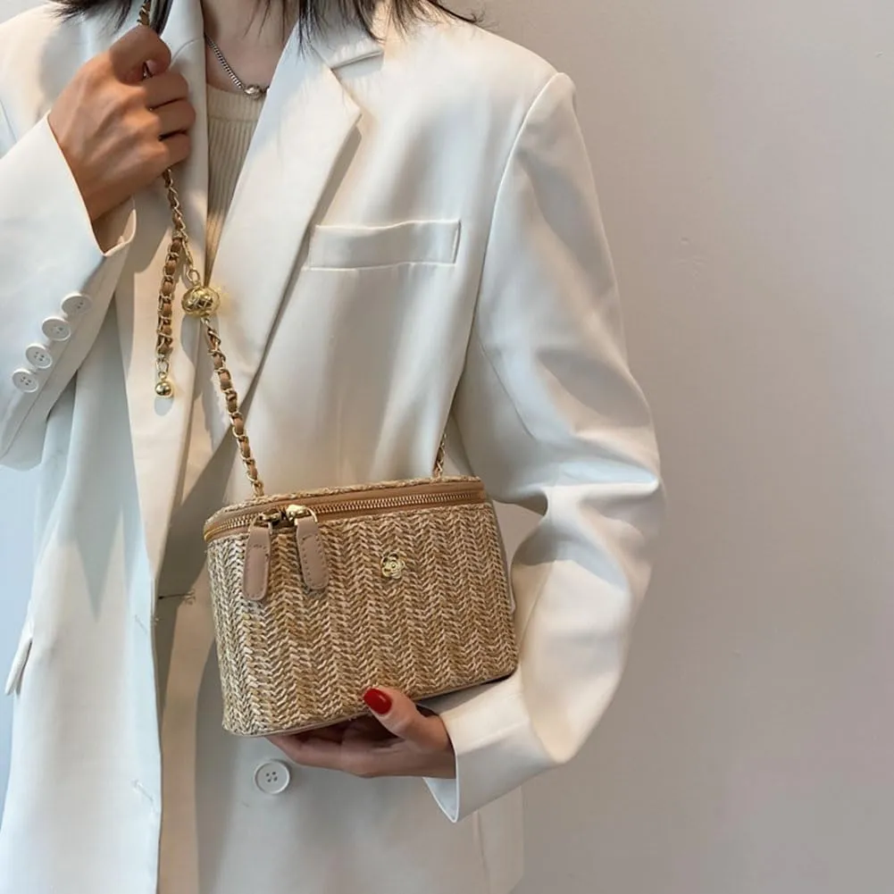 Women Woven Crossbody Bag with Chain Weaving Beach Handbag Straw Bucket Satchel Bag Ladies Summer Daily Bag