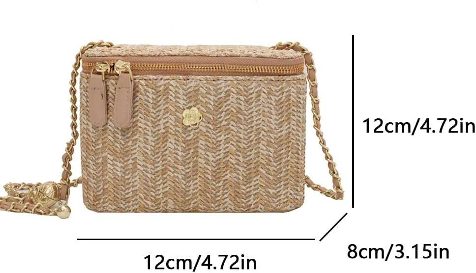 Women Woven Crossbody Bag with Chain Weaving Beach Handbag Straw Bucket Satchel Bag Ladies Summer Daily Bag