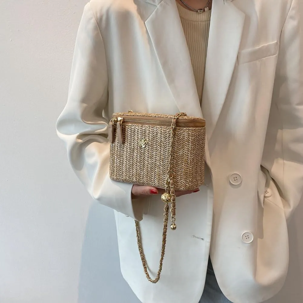 Women Woven Crossbody Bag with Chain Weaving Beach Handbag Straw Bucket Satchel Bag Ladies Summer Daily Bag