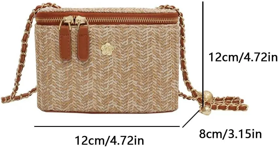 Women Woven Crossbody Bag with Chain Weaving Beach Handbag Straw Bucket Satchel Bag Ladies Summer Daily Bag