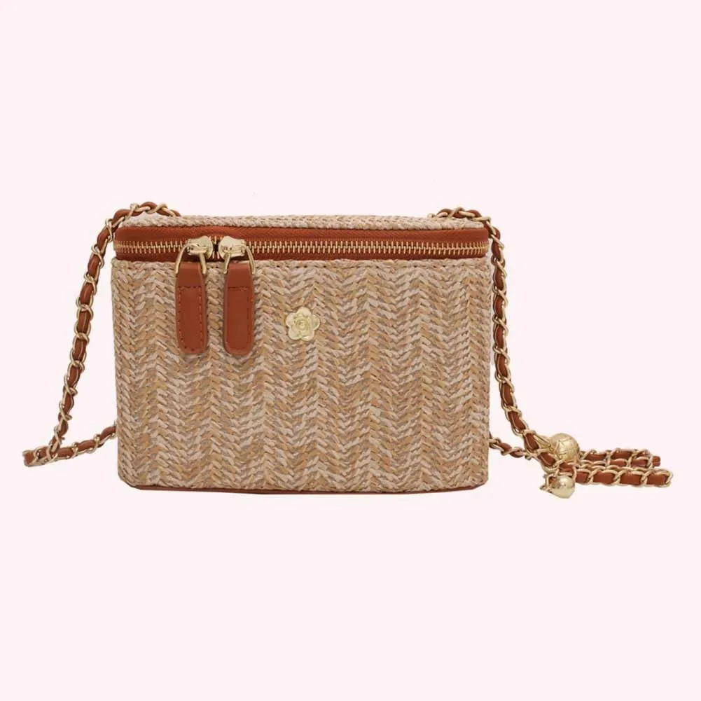 Women Woven Crossbody Bag with Chain Weaving Beach Handbag Straw Bucket Satchel Bag Ladies Summer Daily Bag