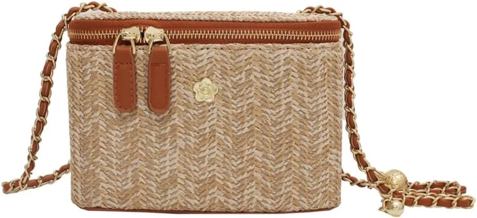 Women Woven Crossbody Bag with Chain Weaving Beach Handbag Straw Bucket Satchel Bag Ladies Summer Daily Bag