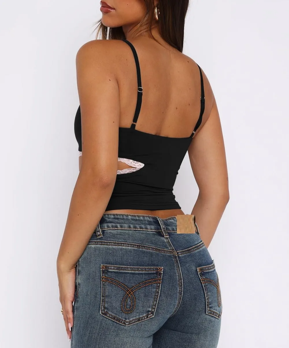 Women Y2k Lace Trim Tank Top Sleeveless V Neck Crop Cami Top Lace Spaghetti Strap Tank Tops Sexy Going Out Camisoles