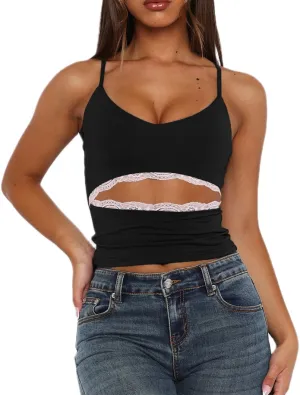 Women Y2k Lace Trim Tank Top Sleeveless V Neck Crop Cami Top Lace Spaghetti Strap Tank Tops Sexy Going Out Camisoles