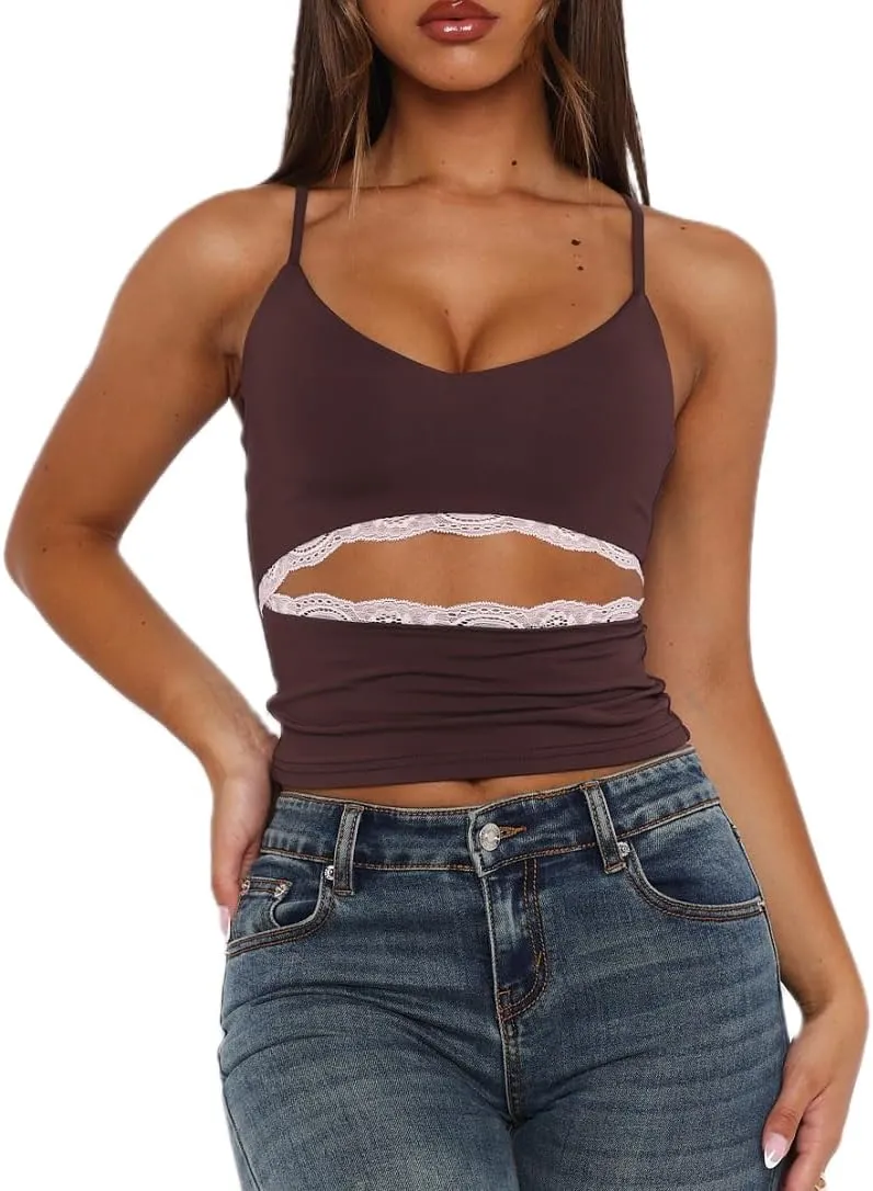 Women Y2k Lace Trim Tank Top Sleeveless V Neck Crop Cami Top Lace Spaghetti Strap Tank Tops Sexy Going Out Camisoles