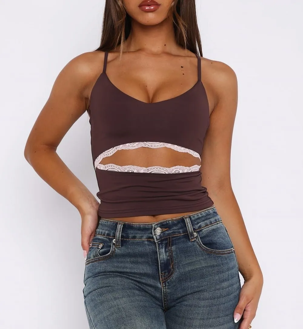 Women Y2k Lace Trim Tank Top Sleeveless V Neck Crop Cami Top Lace Spaghetti Strap Tank Tops Sexy Going Out Camisoles