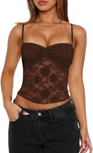 Women Y2k Lace Trim Tank Top Sleeveless V Neck Crop Cami Top Lace Spaghetti Strap Tank Tops Sexy Going Out Camisoles